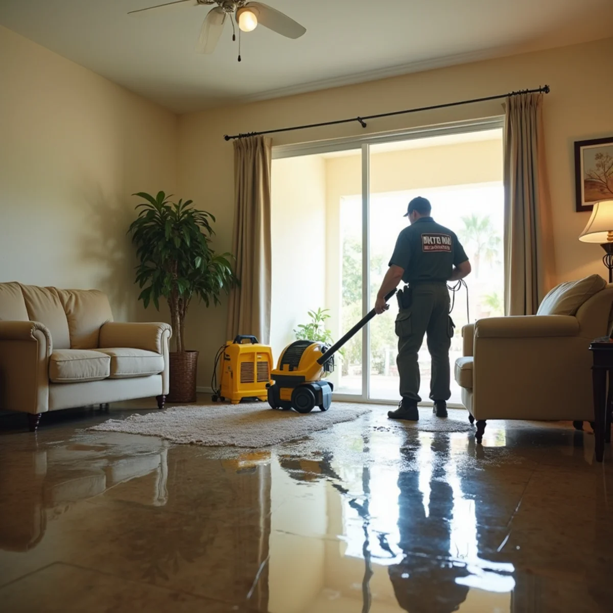 IICRC-certified technician extracting water from a flooded Buena Park living room
