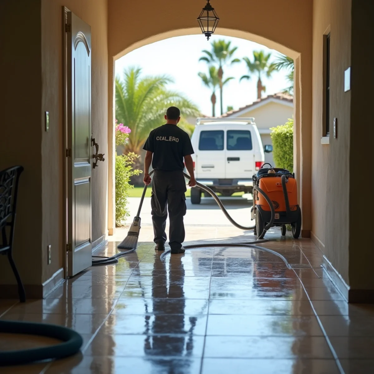 Technician using a truck-mounted extractor to pump standing water from a Buena Park kitchen